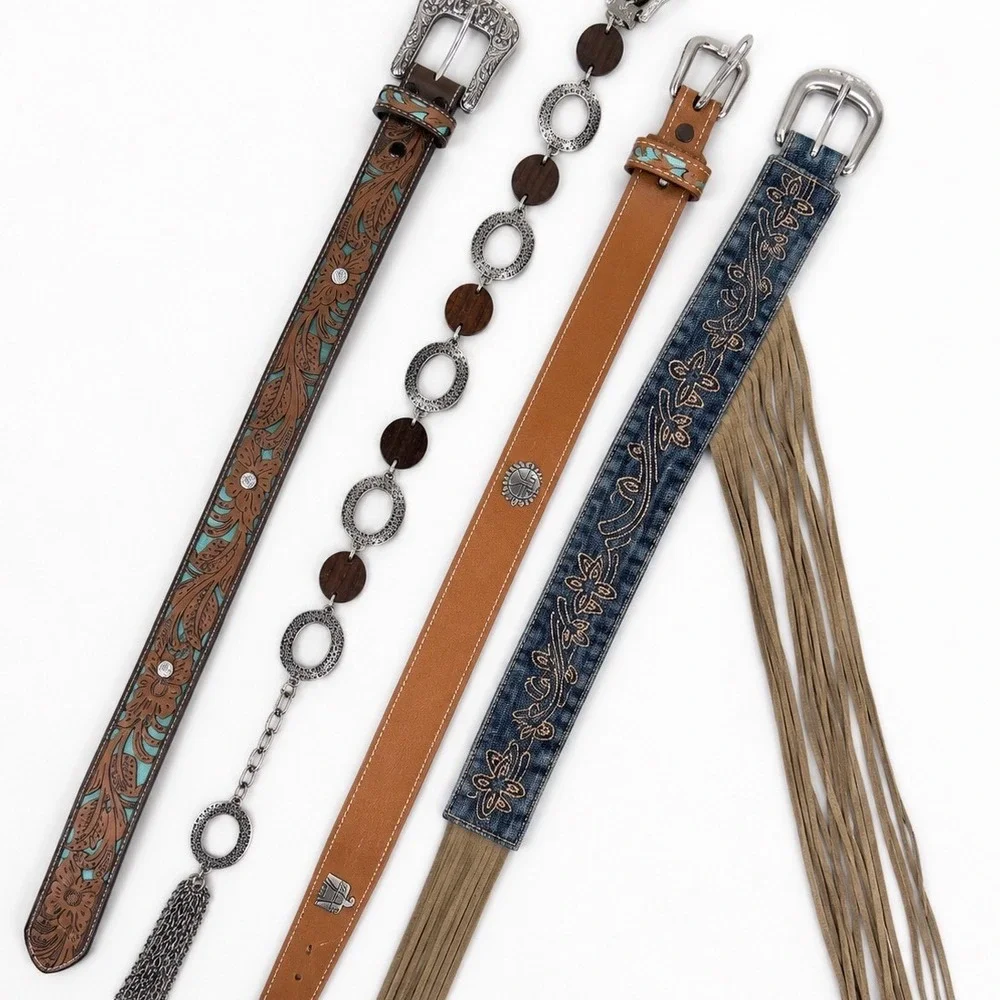 Unbranded Western Belts Lot Women Large Brown Denim Chain Excellent Boho 4pc